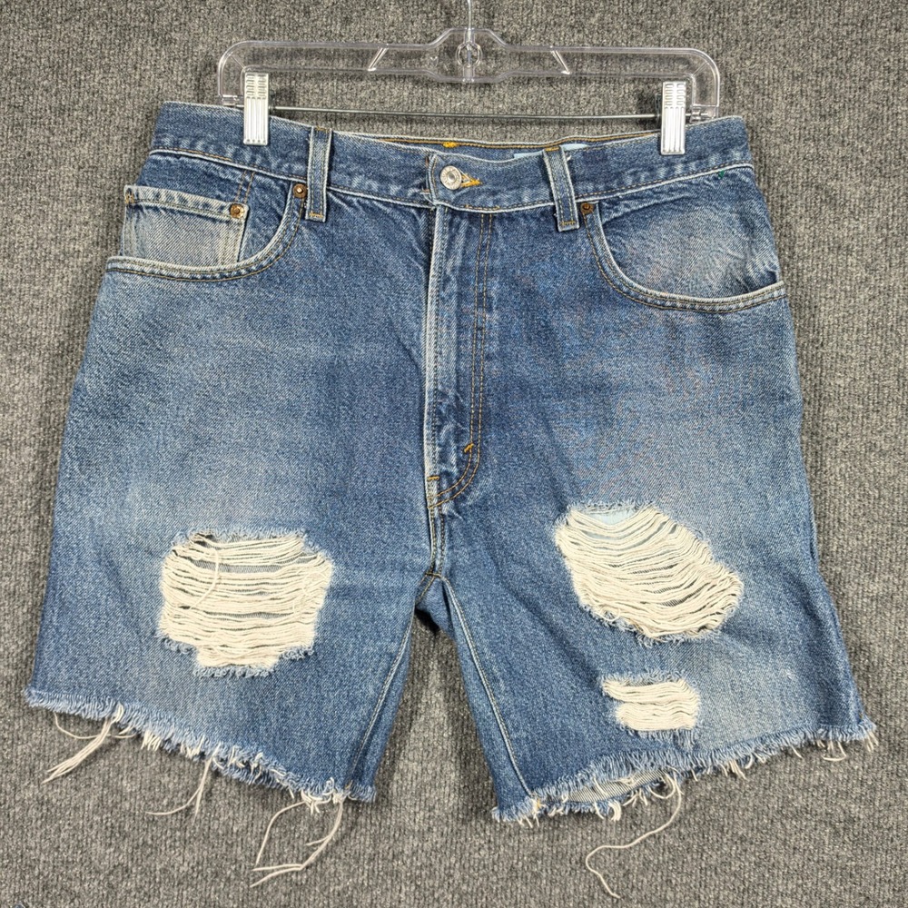 Levis 505 Regular Fit Denim Shorts Mens 34 Distressed Raw Hem Medium Wash Grunge